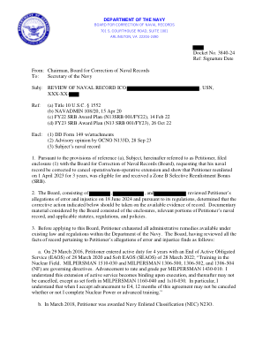 发件人：海军记录修正委员会主席 收件人：海军部长 主题：审查海军记录 ICO，USN，XXX-XX- 编号：(a)